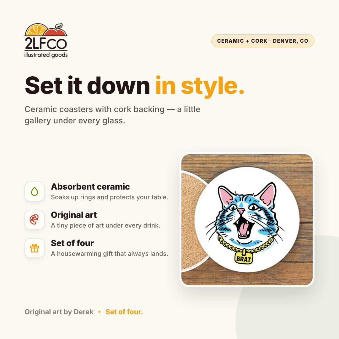 Cat Making Biscuits Coaster — illustrated by Two Little Fruits, made in Denver