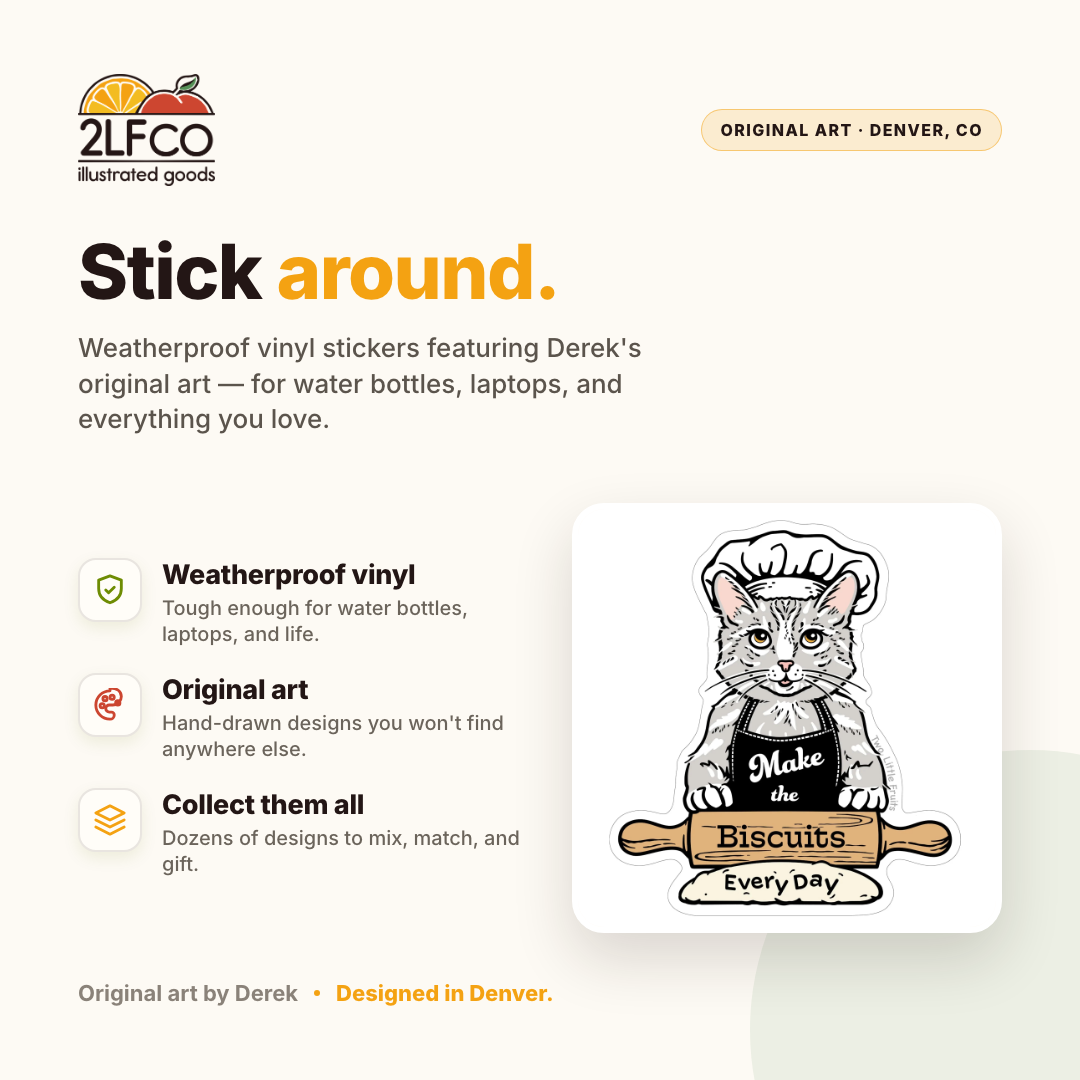 Cat Making Biscuits Vinyl Sticker — illustrated by Two Little Fruits, made in Denver