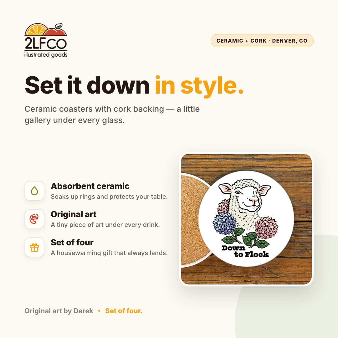 4-Inch Down to Flock Lamb Coaster — illustrated by Two Little Fruits, made in Denver