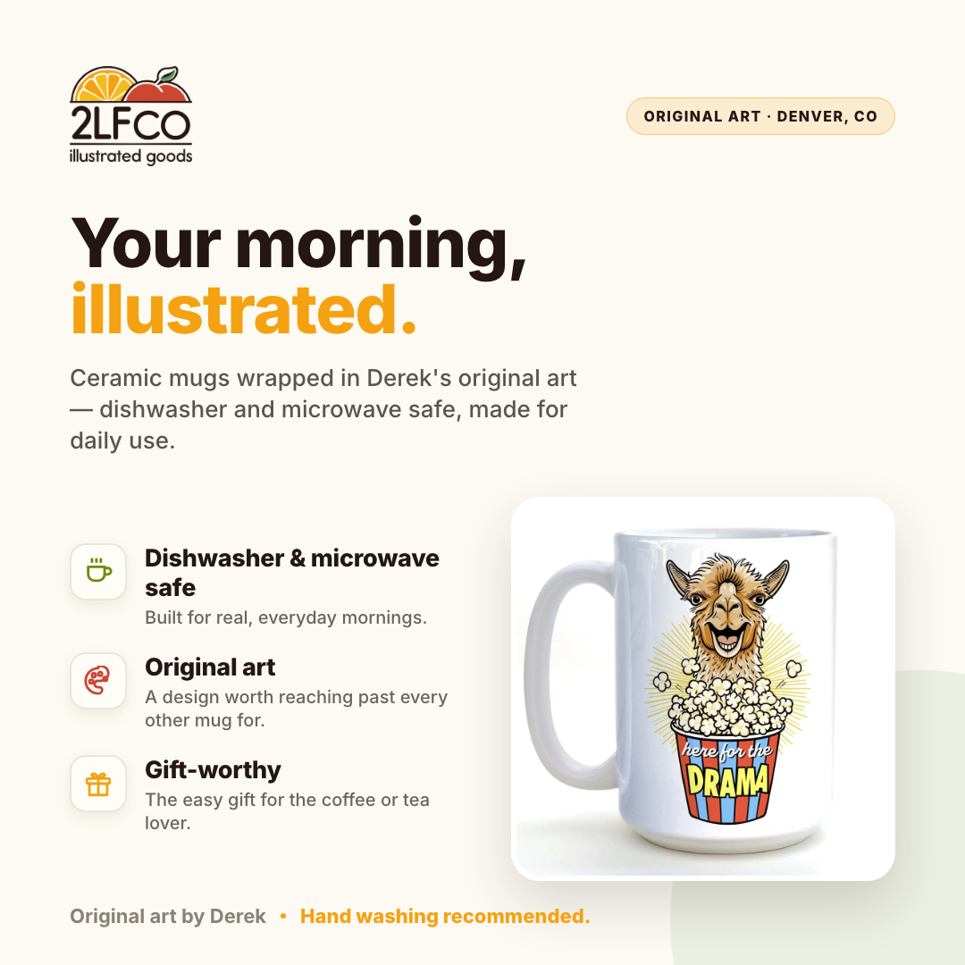 Drama Llama Mug — illustrated by Two Little Fruits, made in Denver
