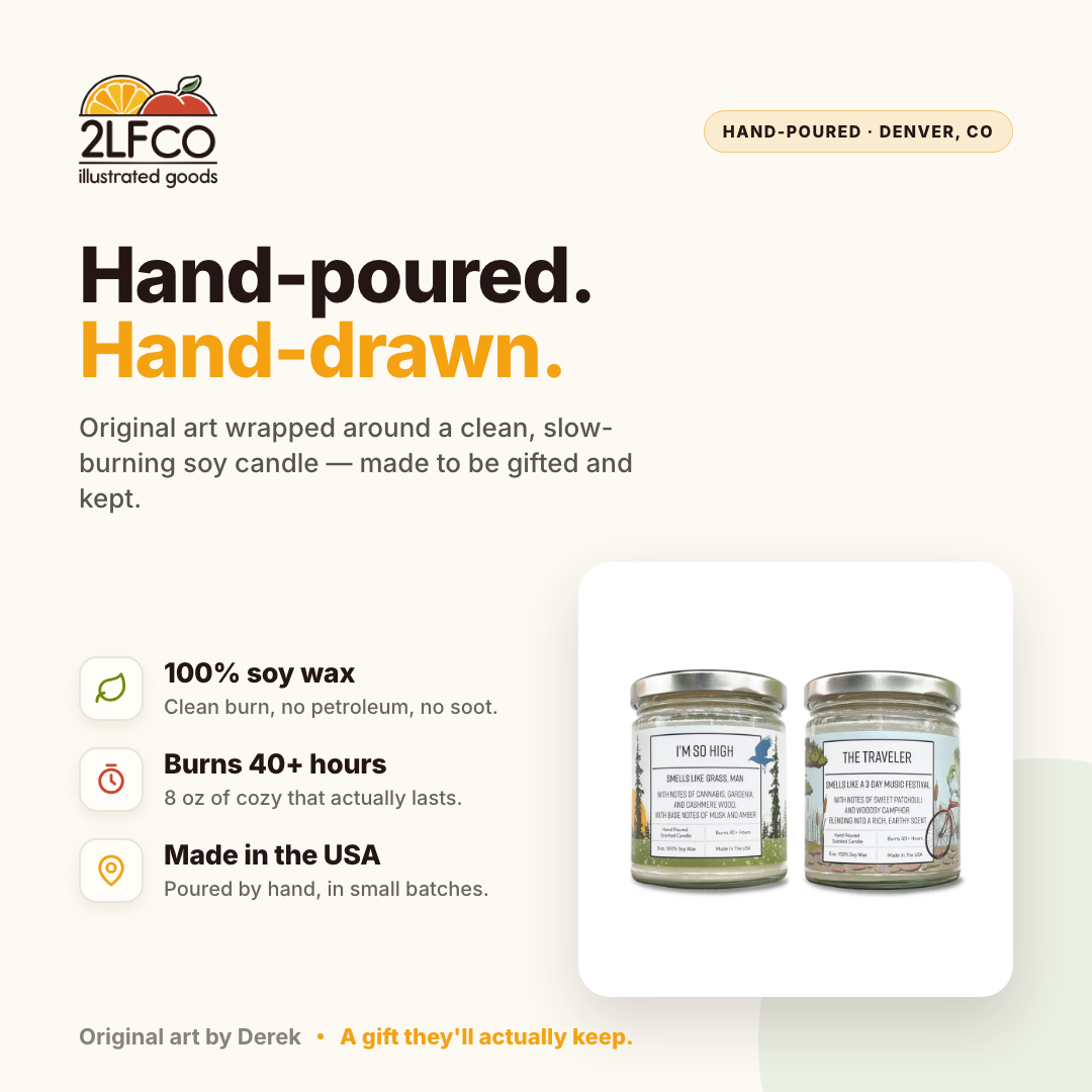 Concert Smells Candle Set — Patchouli & Cannabis — illustrated by Two Little Fruits, made in Denver