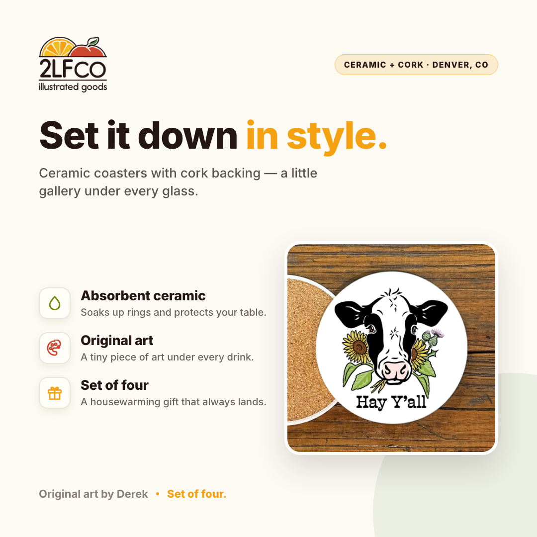 Hey Y'all Farmhouse Style Coaster — illustrated by Two Little Fruits, made in Denver