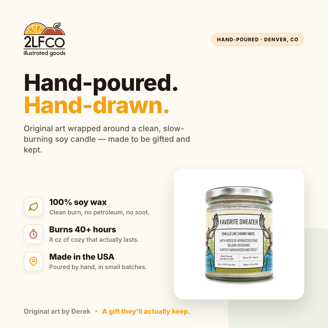 Favorite Sweater Soy Candle — Pine, Balsam & Sandalwood — illustrated by Two Little Fruits, made in Denver