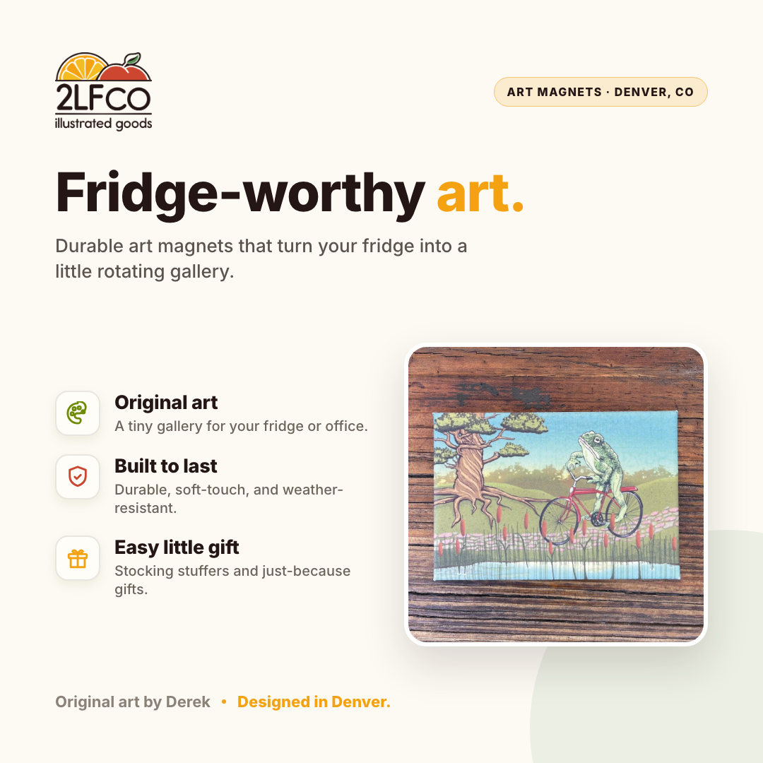 Toadster Frog Fridge Magnet — illustrated by Two Little Fruits, made in Denver