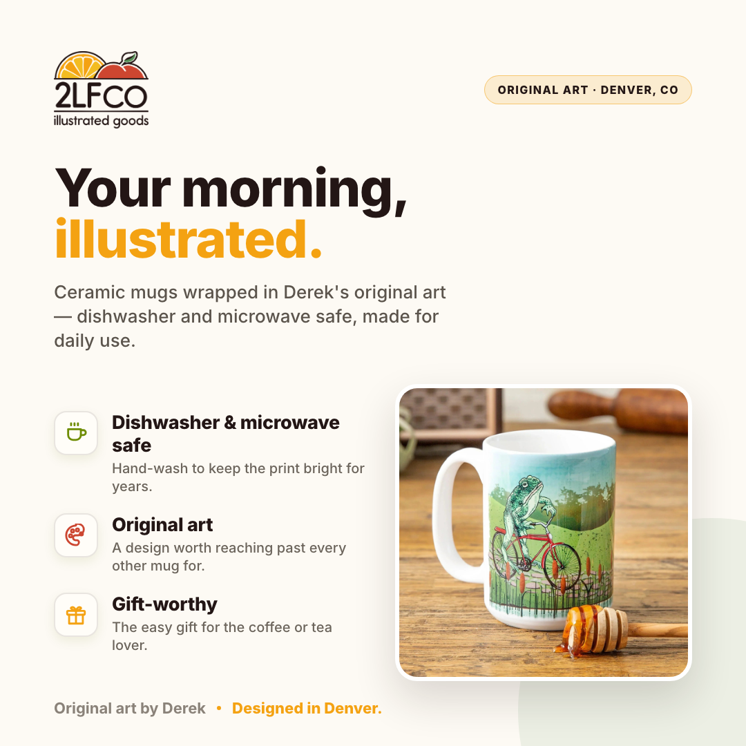 Frog Coffee Mug — Hand-Illustrated 15oz Ceramic — illustrated by Two Little Fruits, designed in Denver