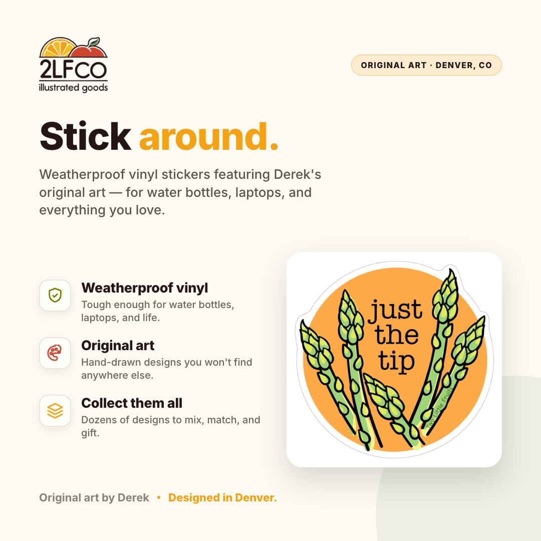 Green Asparagus Vinyl Sticker — illustrated by Two Little Fruits, made in Denver