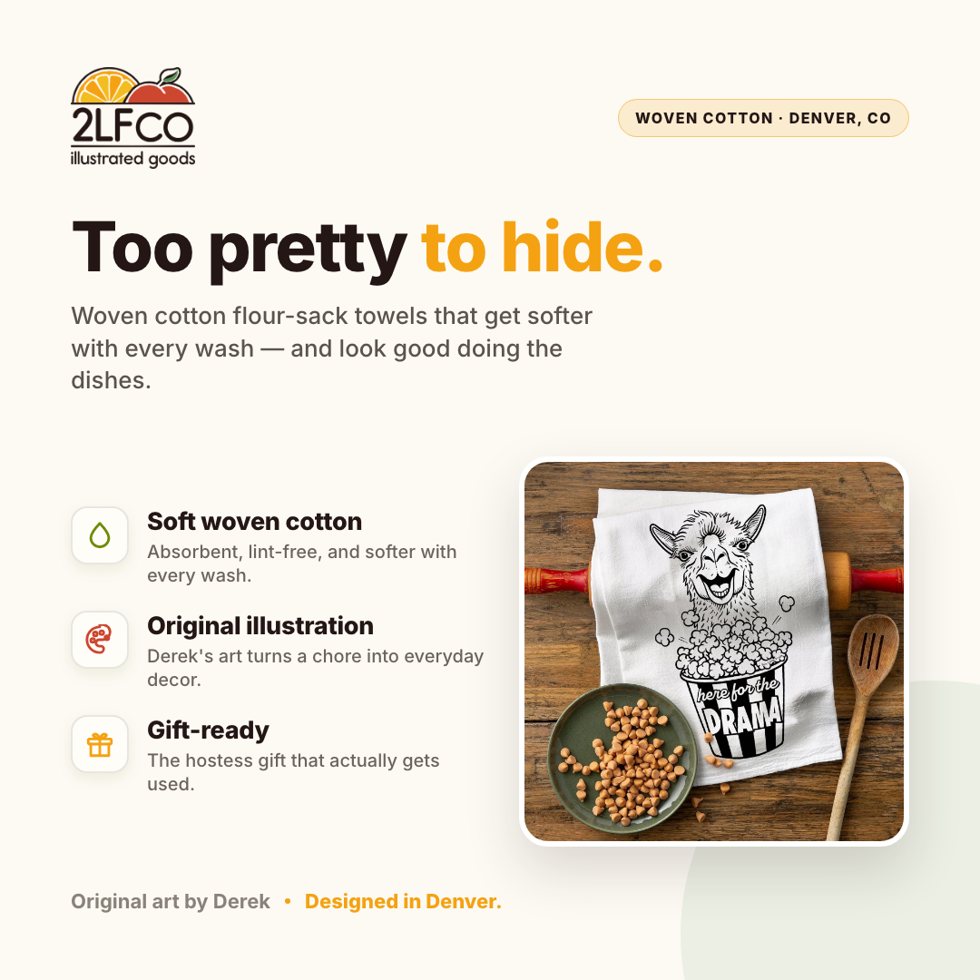 Drama Llama Tea Towel — illustrated by Two Little Fruits, made in Denver