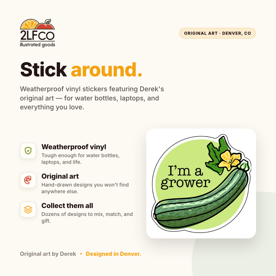 Garden Zucchini Vinyl Sticker — illustrated by Two Little Fruits, made in Denver