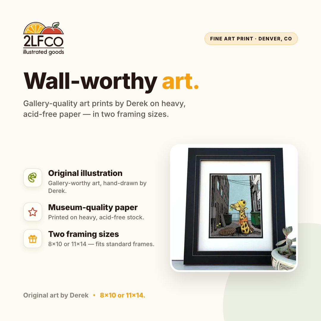 Lunch Break Giraffe Art Print — illustrated by Two Little Fruits, made in Denver