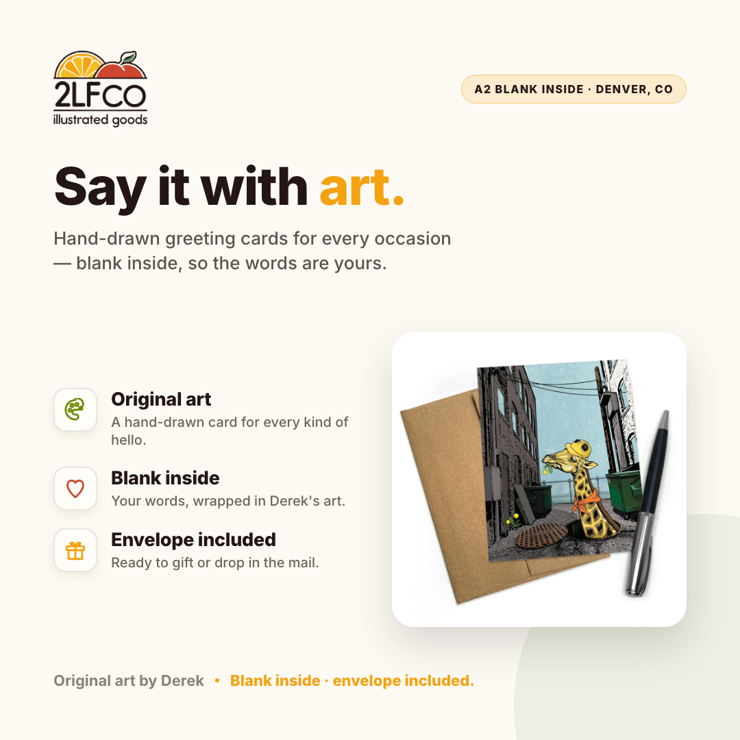 Giraffe Greeting Card — illustrated by Two Little Fruits, made in Denver