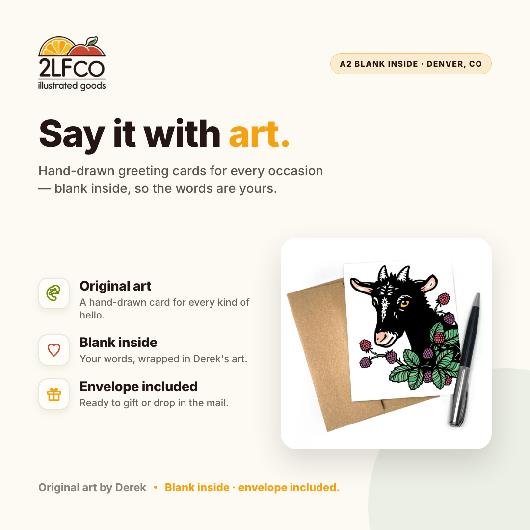 Goat Blank Greeting Card — illustrated by Two Little Fruits, made in Denver