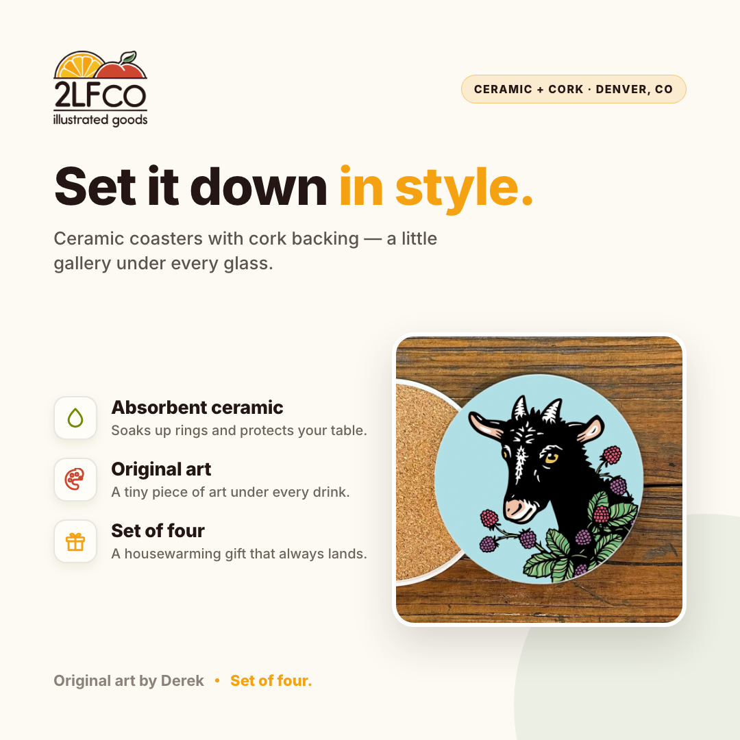 Set of 4 Vibrant Goat Ceramic Coaster — illustrated by Two Little Fruits, made in Denver
