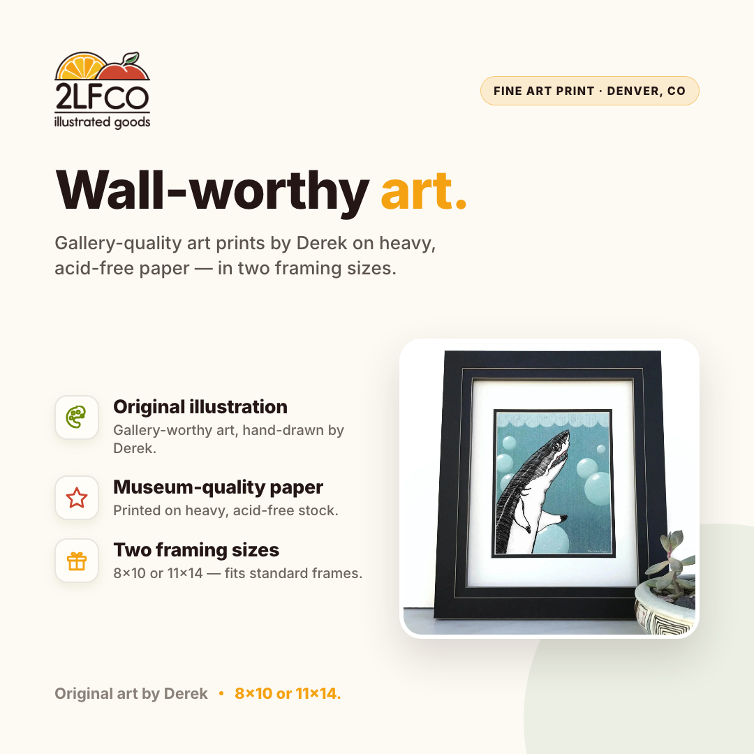Bubbles The Great White Shark Print - High Quality Art Print — illustrated by Two Little Fruits, made in Denver
