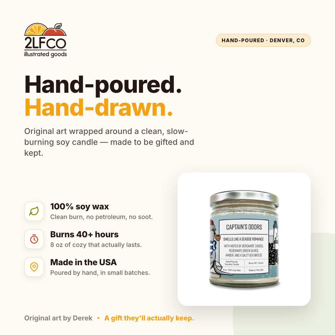 Green Olive Soy Candle — Bergamot & Rosemary — illustrated by Two Little Fruits, made in Denver