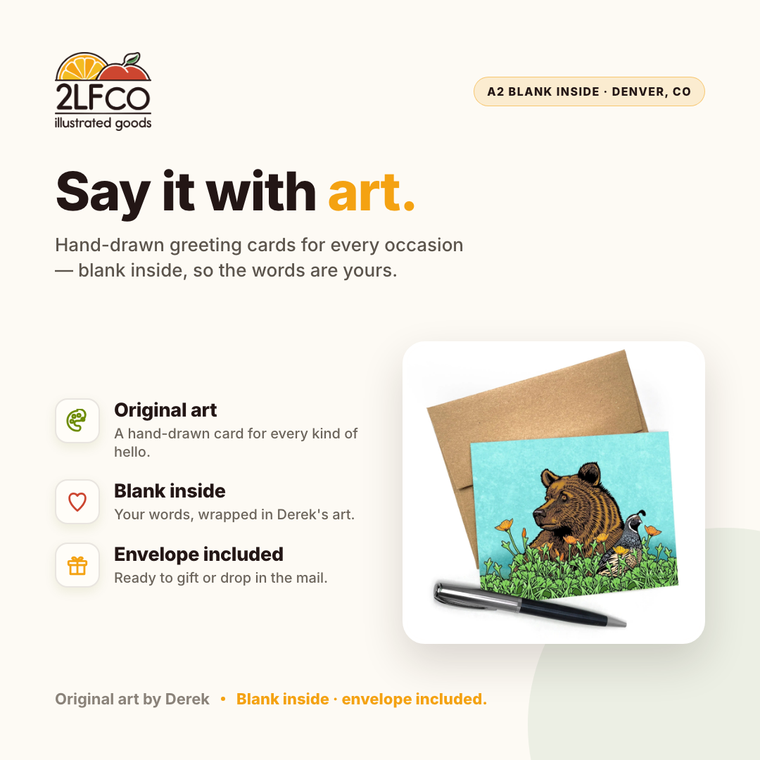 Grizzly Bear & Quail Greeting Card — illustrated by Two Little Fruits, made in Denver