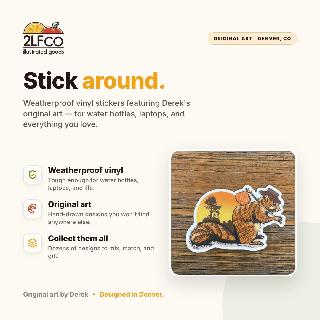 Squirrel Vinyl Sticker — illustrated by Two Little Fruits, made in Denver