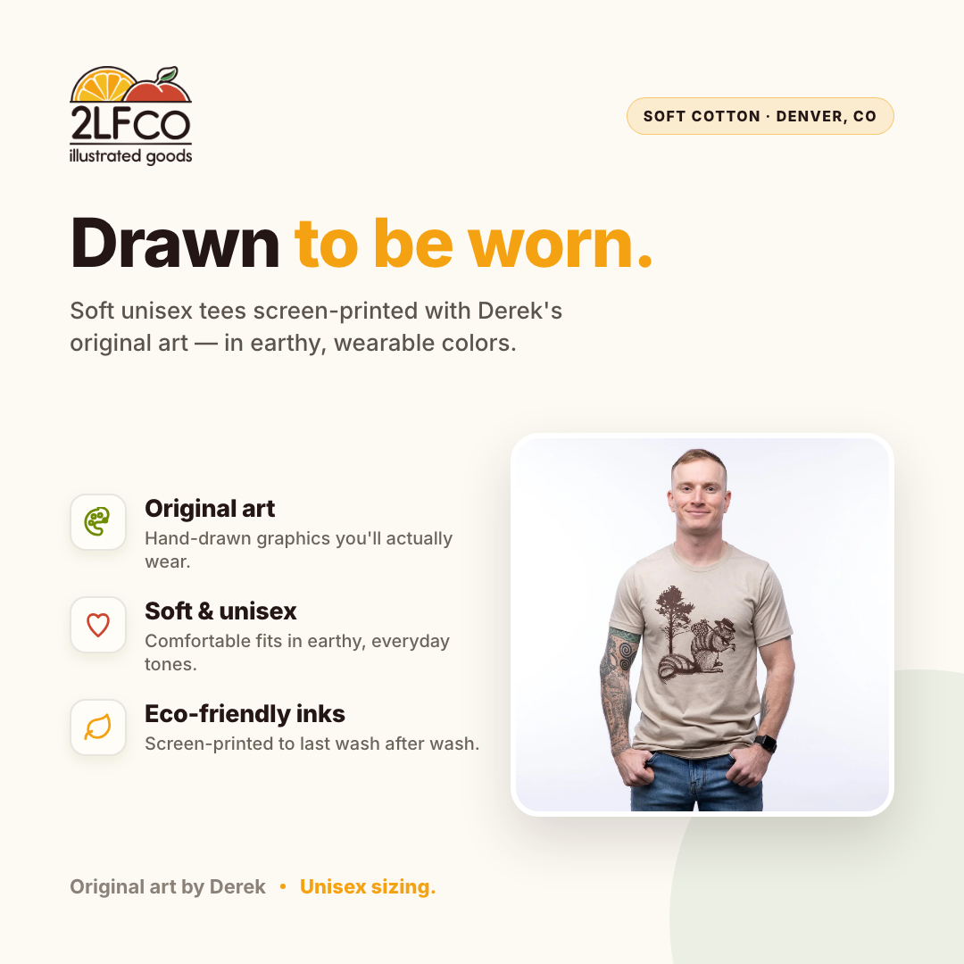 Hobo Squirrel T-Shirt — illustrated by Two Little Fruits, made in Denver