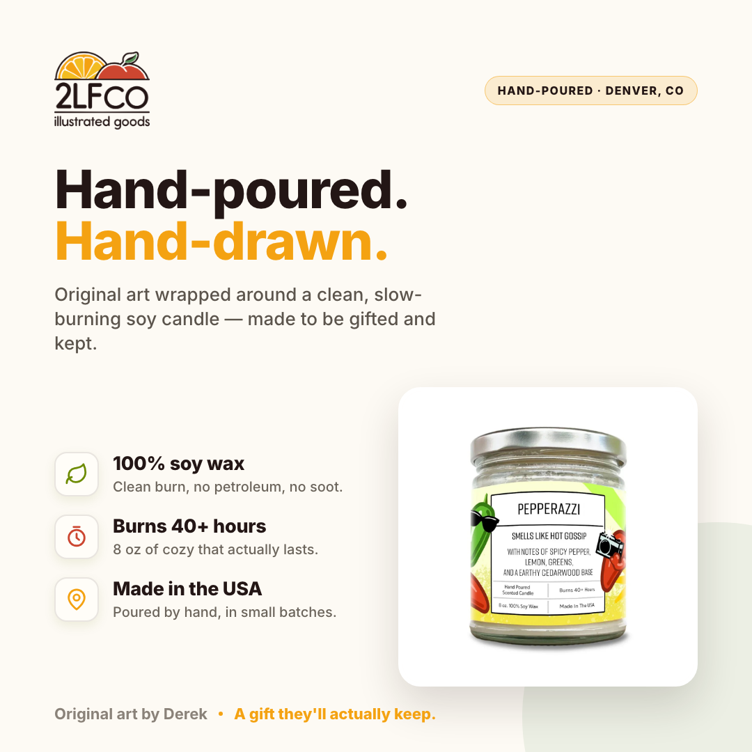Pepperazzi Soy Candle — Spicy Pepper, Lemon & Cedarwood — illustrated by Two Little Fruits, made in Denver