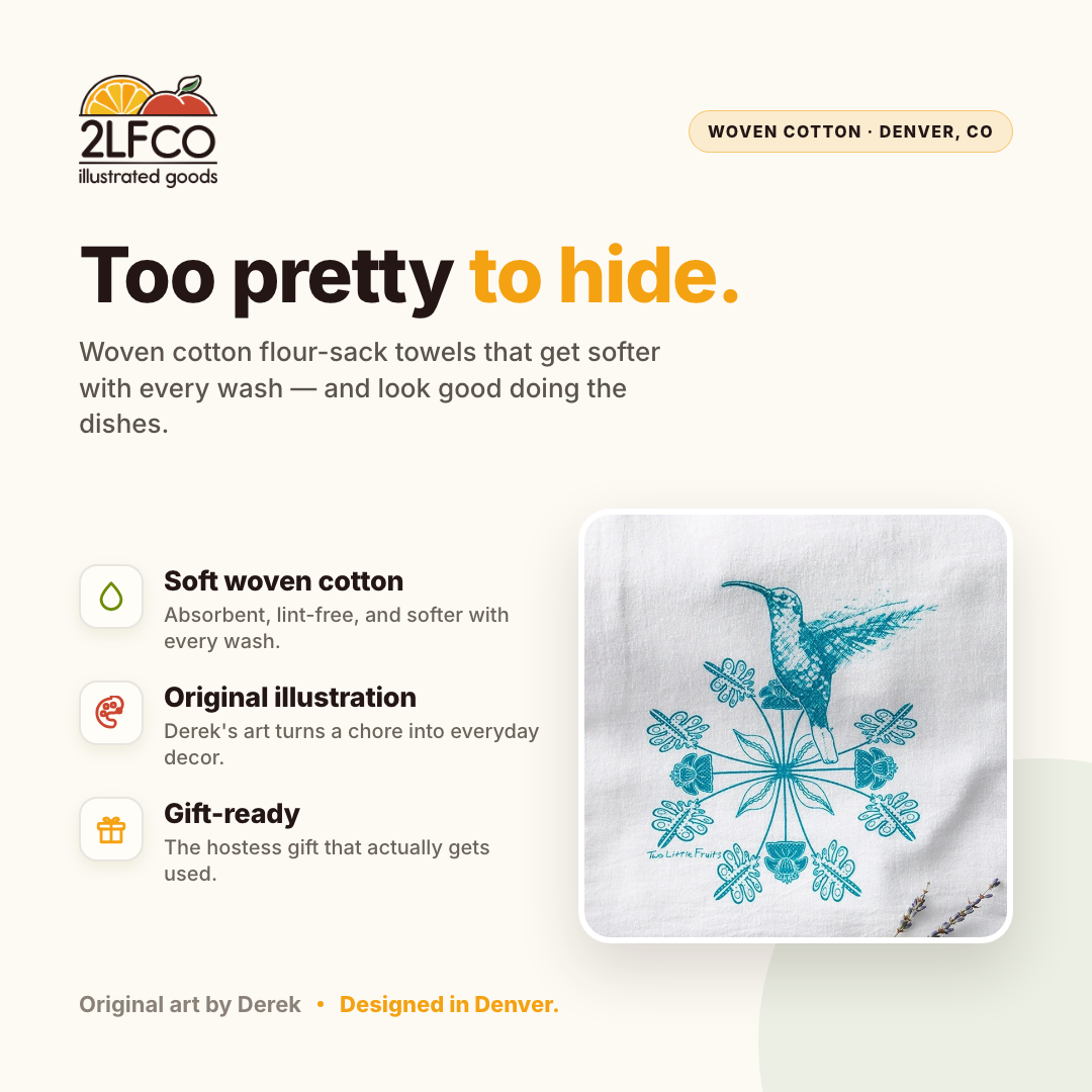 Hummingbird Tea Towel — illustrated by Two Little Fruits, made in Denver