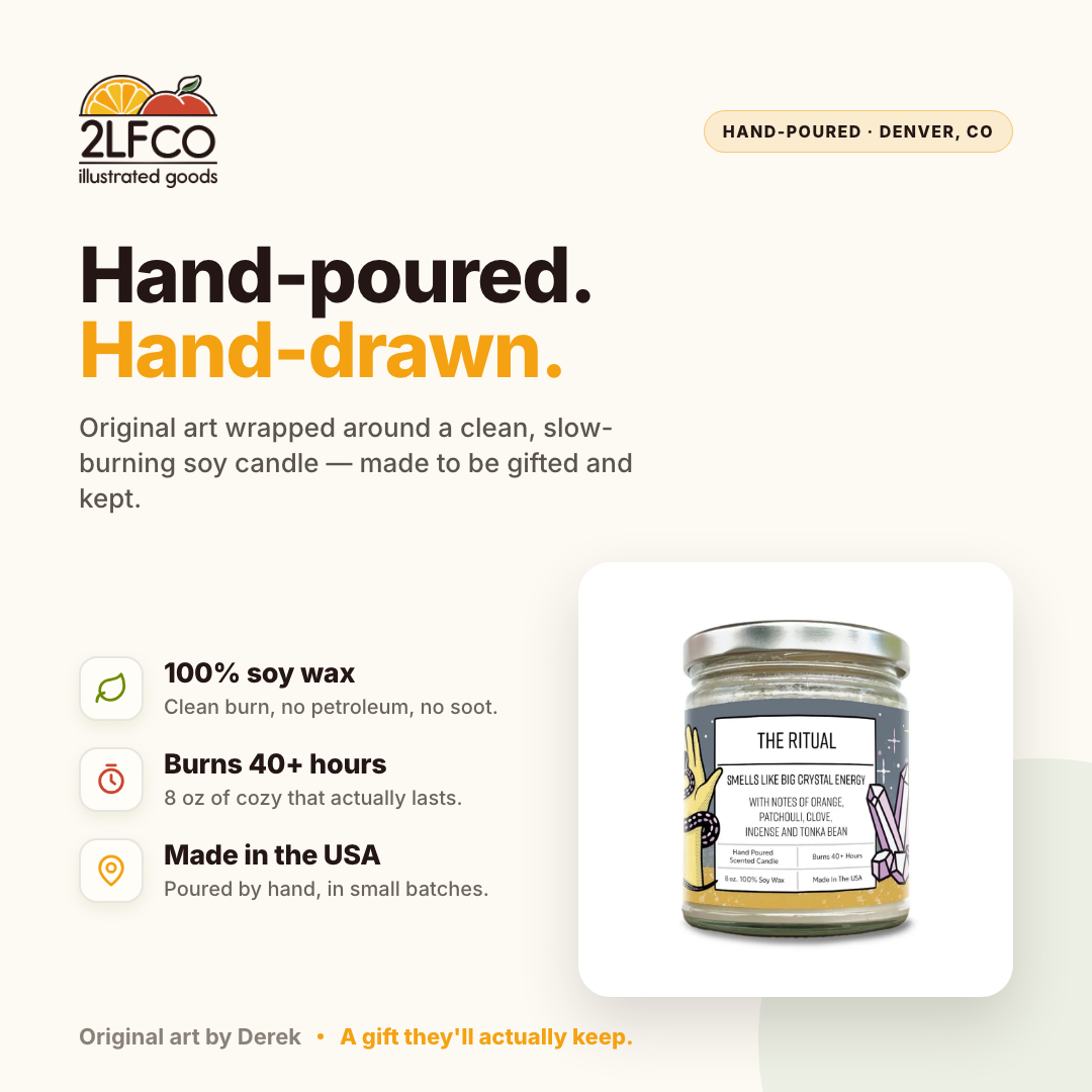 The Ritual Soy Candle — Incense, Orange, Patchouli & Tonka — illustrated by Two Little Fruits, made in Denver