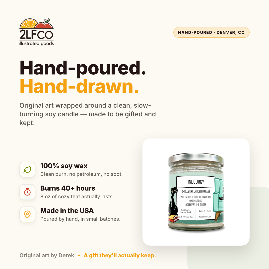 Indoorsy Soy Candle — Gin, Bubbly Tonic & Warm Citrus — illustrated by Two Little Fruits, made in Denver