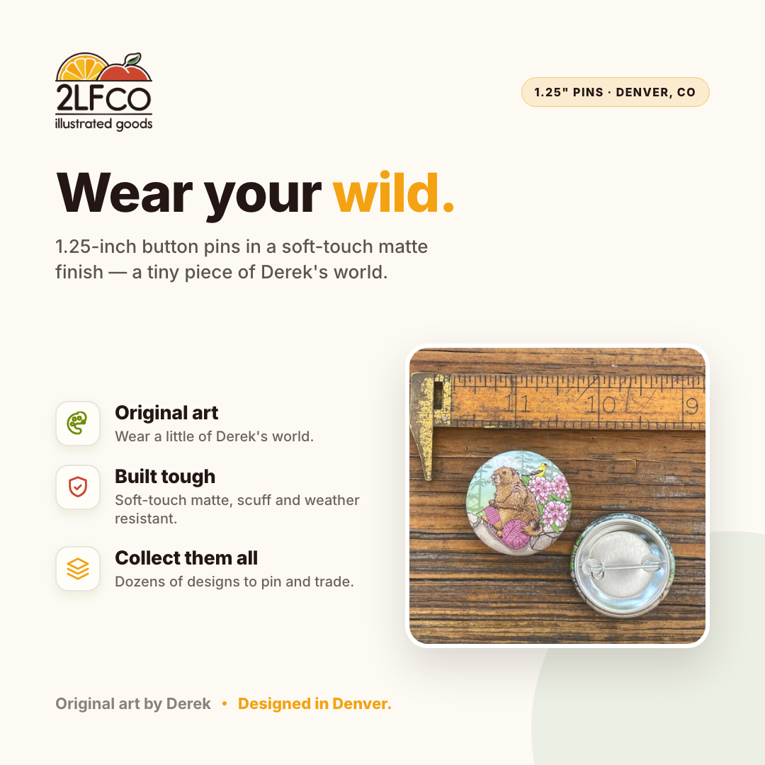Knitting Button Pin — illustrated by Two Little Fruits, made in Denver