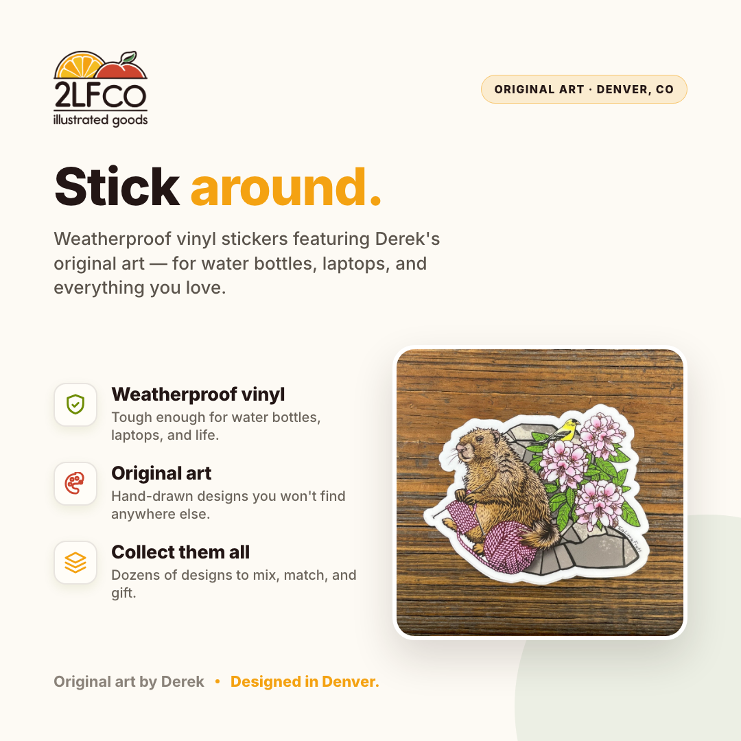 Knitting Marmot Vinyl Sticker — illustrated by Two Little Fruits, made in Denver