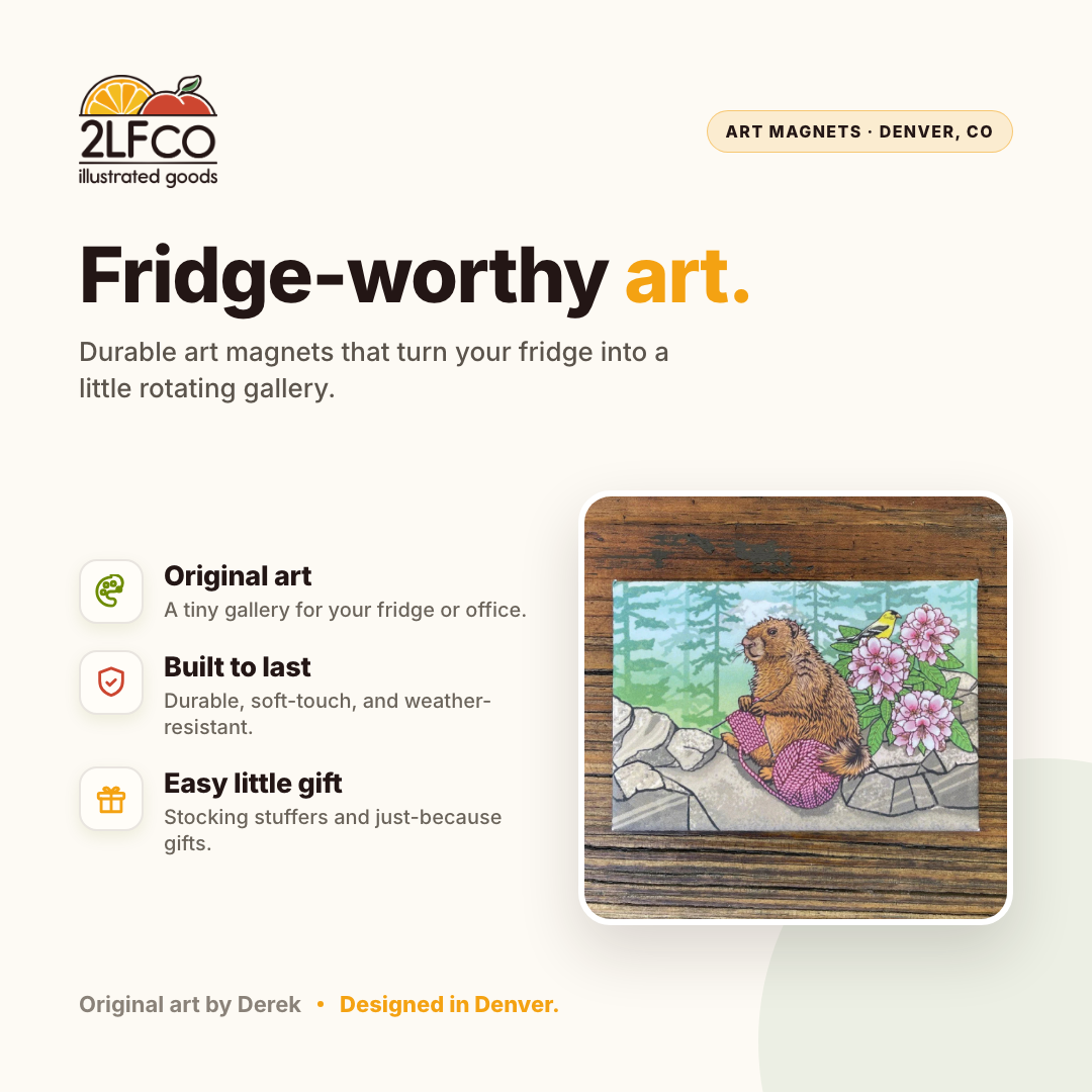 Knitting Marmot Fridge Magnet — illustrated by Two Little Fruits, made in Denver