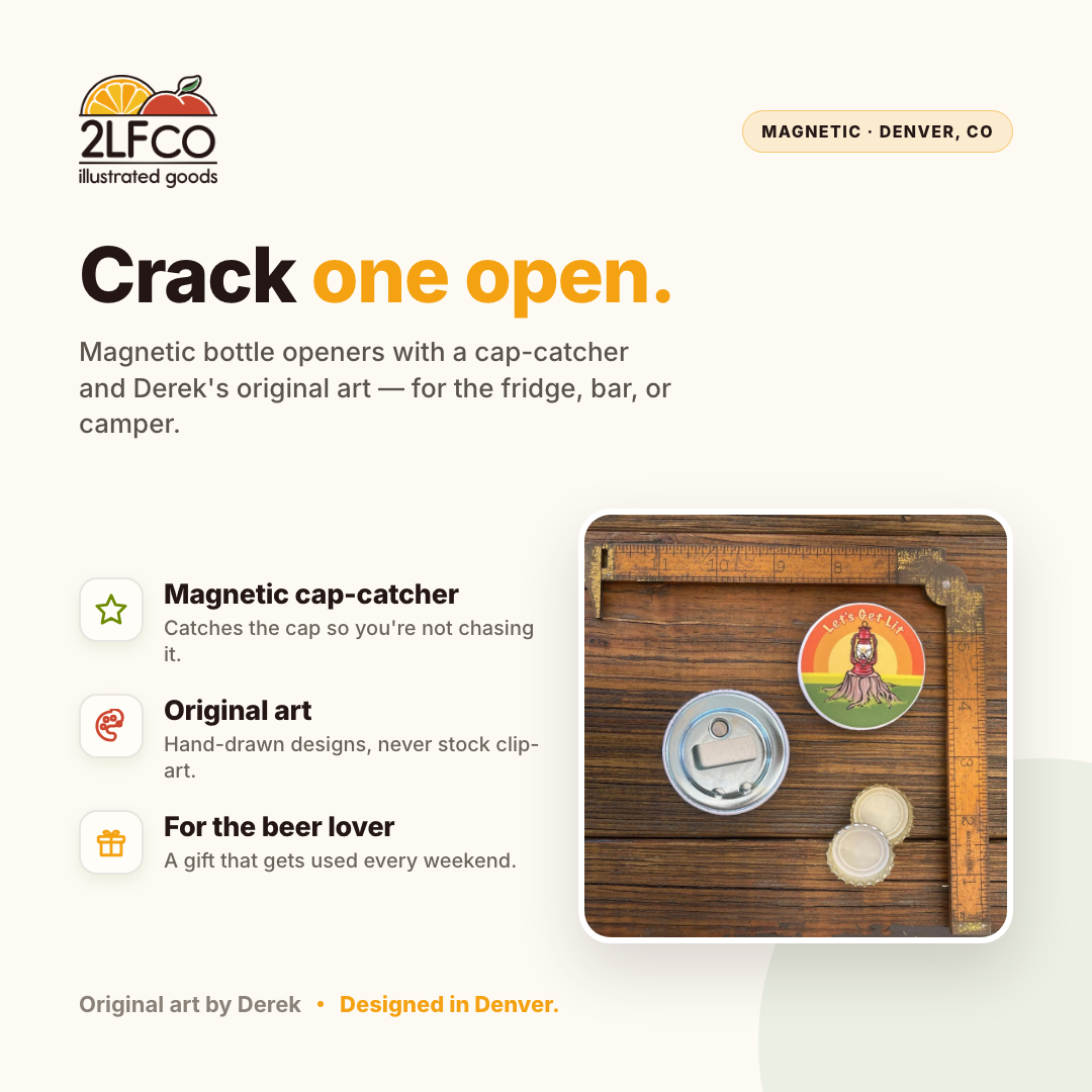 Camping Lantern Magnetic Bottle Opener — illustrated by Two Little Fruits, made in Denver