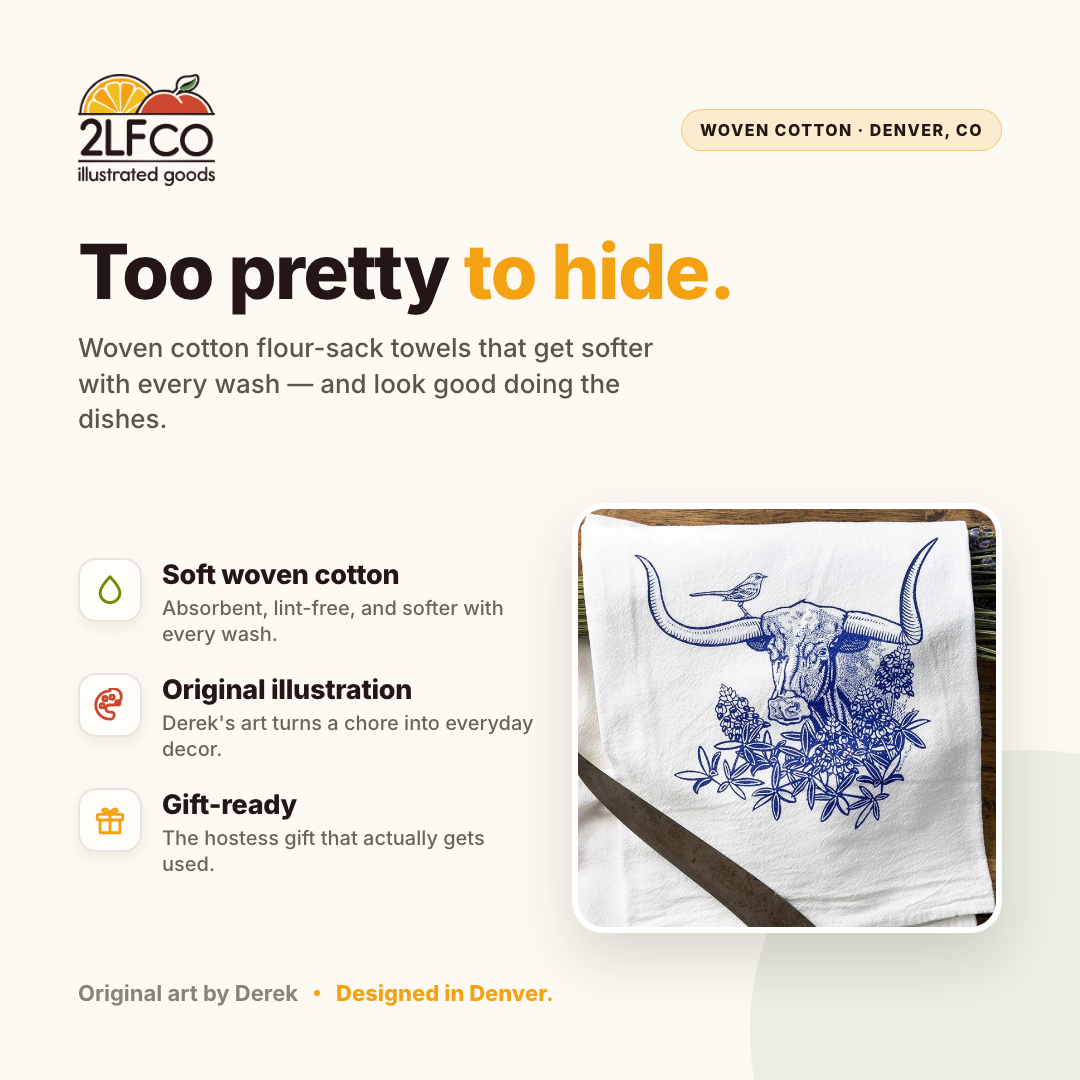 Texas Longhorn Tea Towel — illustrated by Two Little Fruits, made in Denver