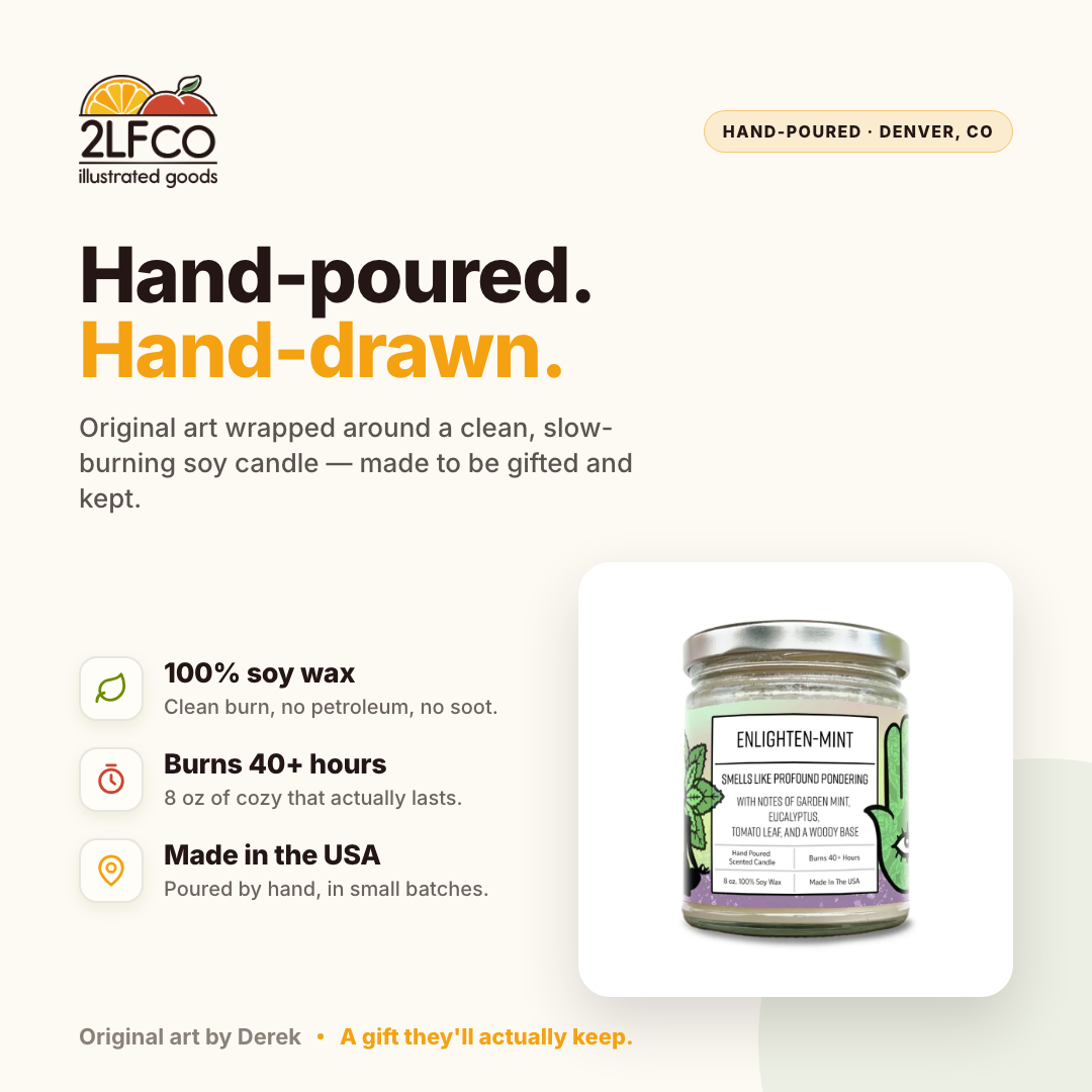 Enlighten-Mint Soy Candle — Mint & Eucalyptus — illustrated by Two Little Fruits, made in Denver