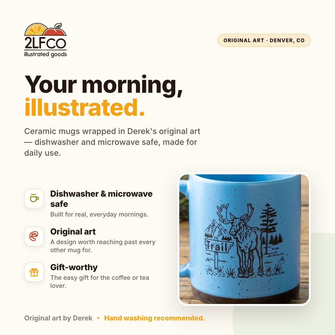 Speckled Matte Moose Mug — illustrated by Two Little Fruits, made in Denver