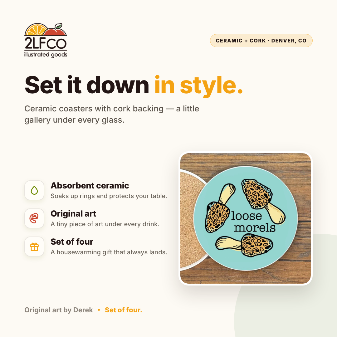 4" Morel Mushroom Coaster — illustrated by Two Little Fruits, made in Denver