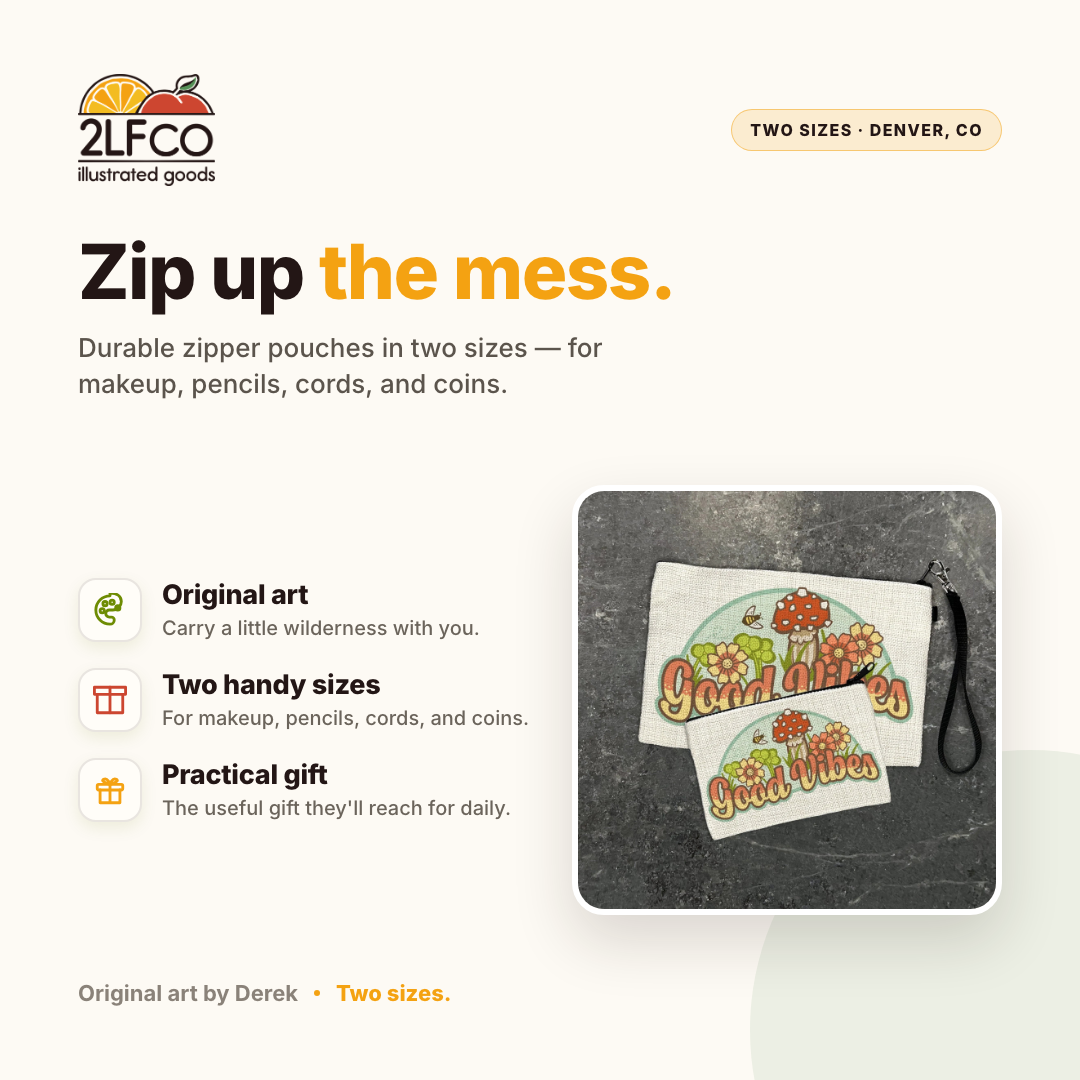 Mushroom Small Travel Zipper Pouch — illustrated by Two Little Fruits, made in Denver