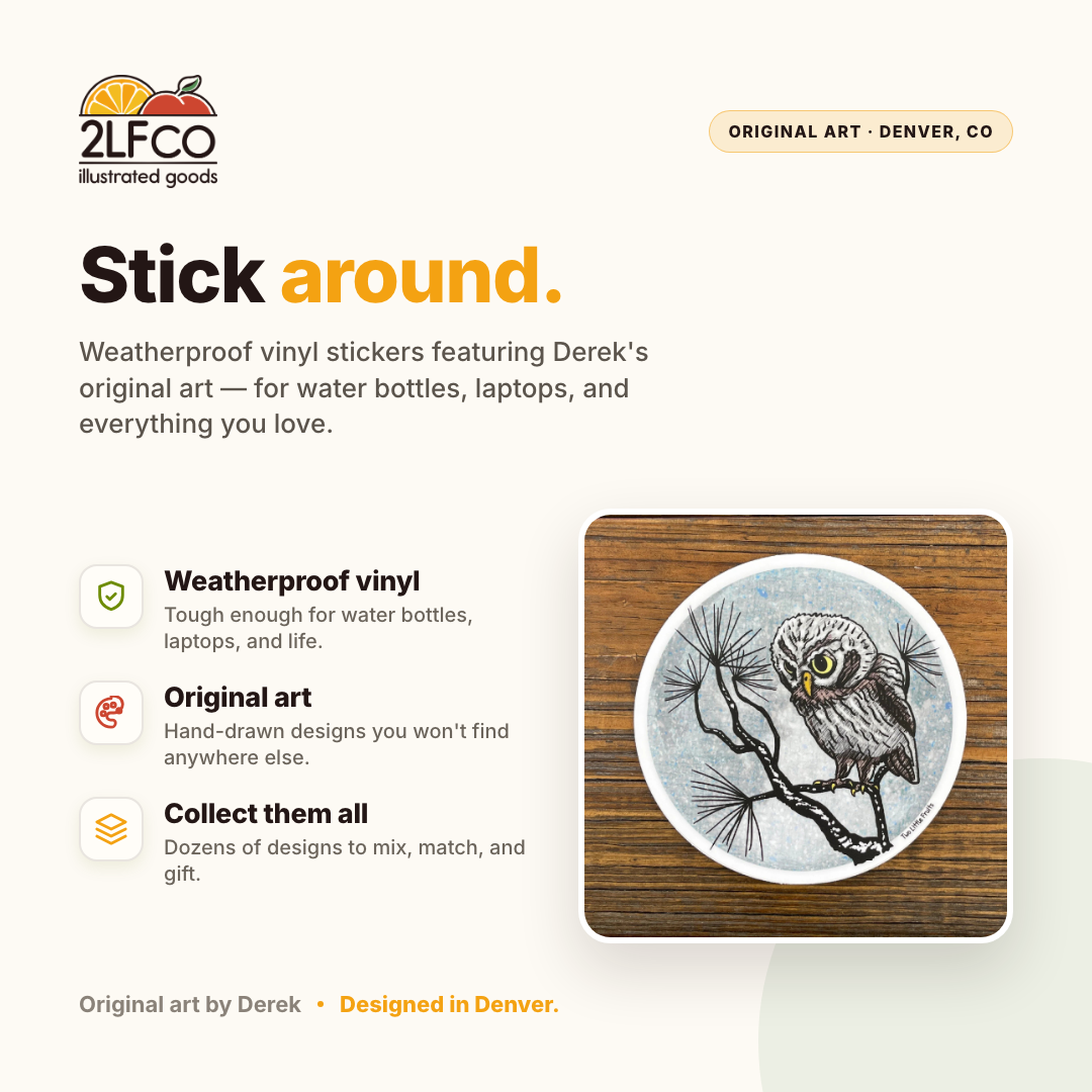 Owl Vinyl Sticker — illustrated by Two Little Fruits, made in Denver