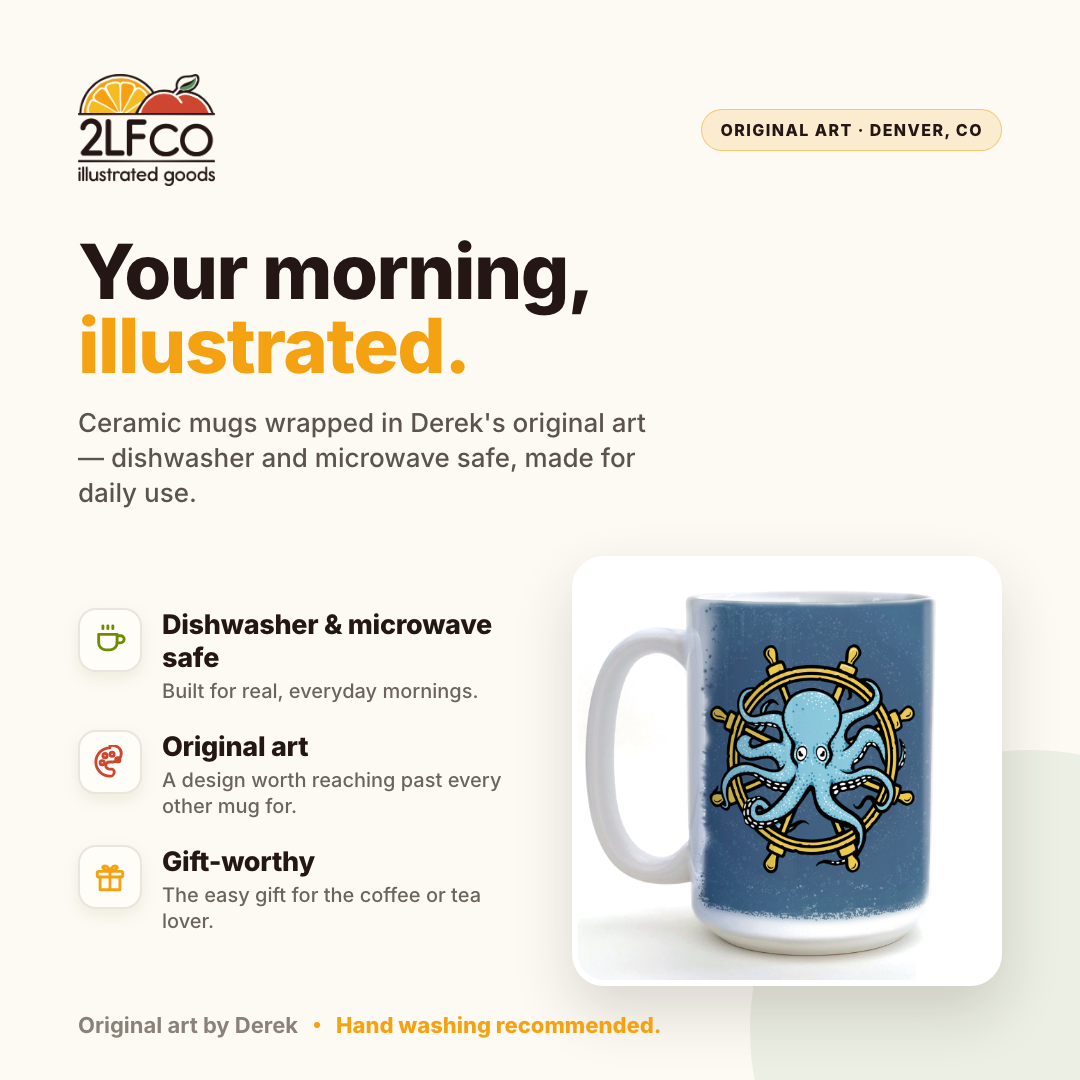 Octopus Coffee Mug — Hand-Illustrated 15oz Ceramic Mug — illustrated by Two Little Fruits, made in Denver