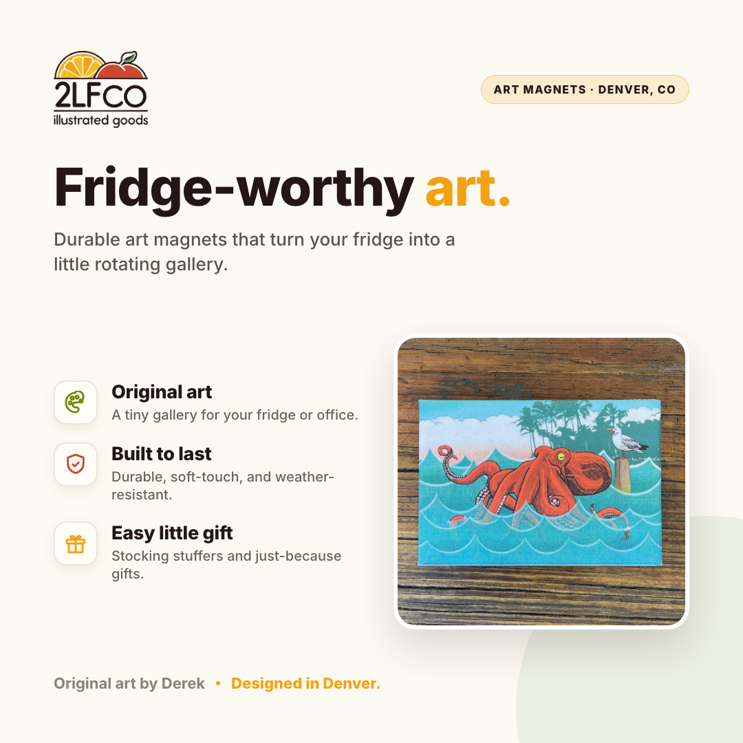 Bento The Octopus Fridge Magnet — illustrated by Two Little Fruits, made in Denver