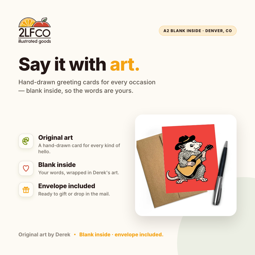 Opossum Greeting Card — illustrated by Two Little Fruits, made in Denver