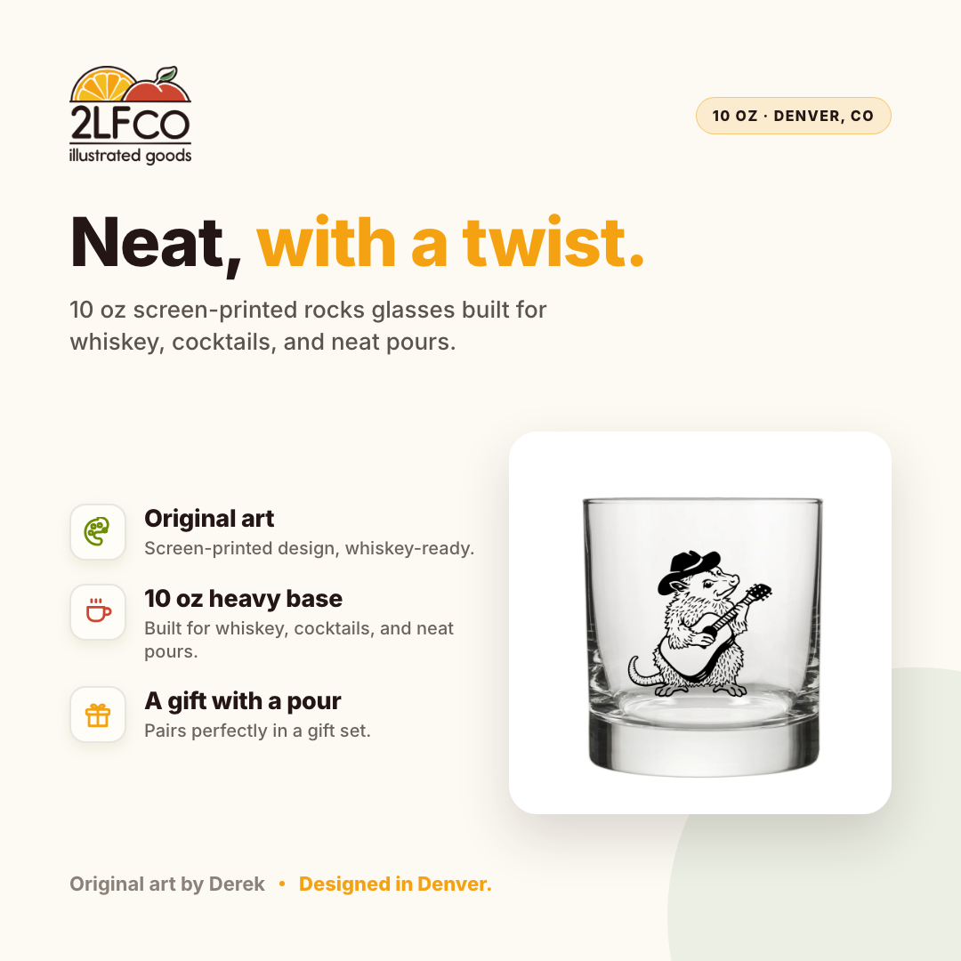 OPOSSUM Rocks Glass — illustrated by Two Little Fruits, made in Denver