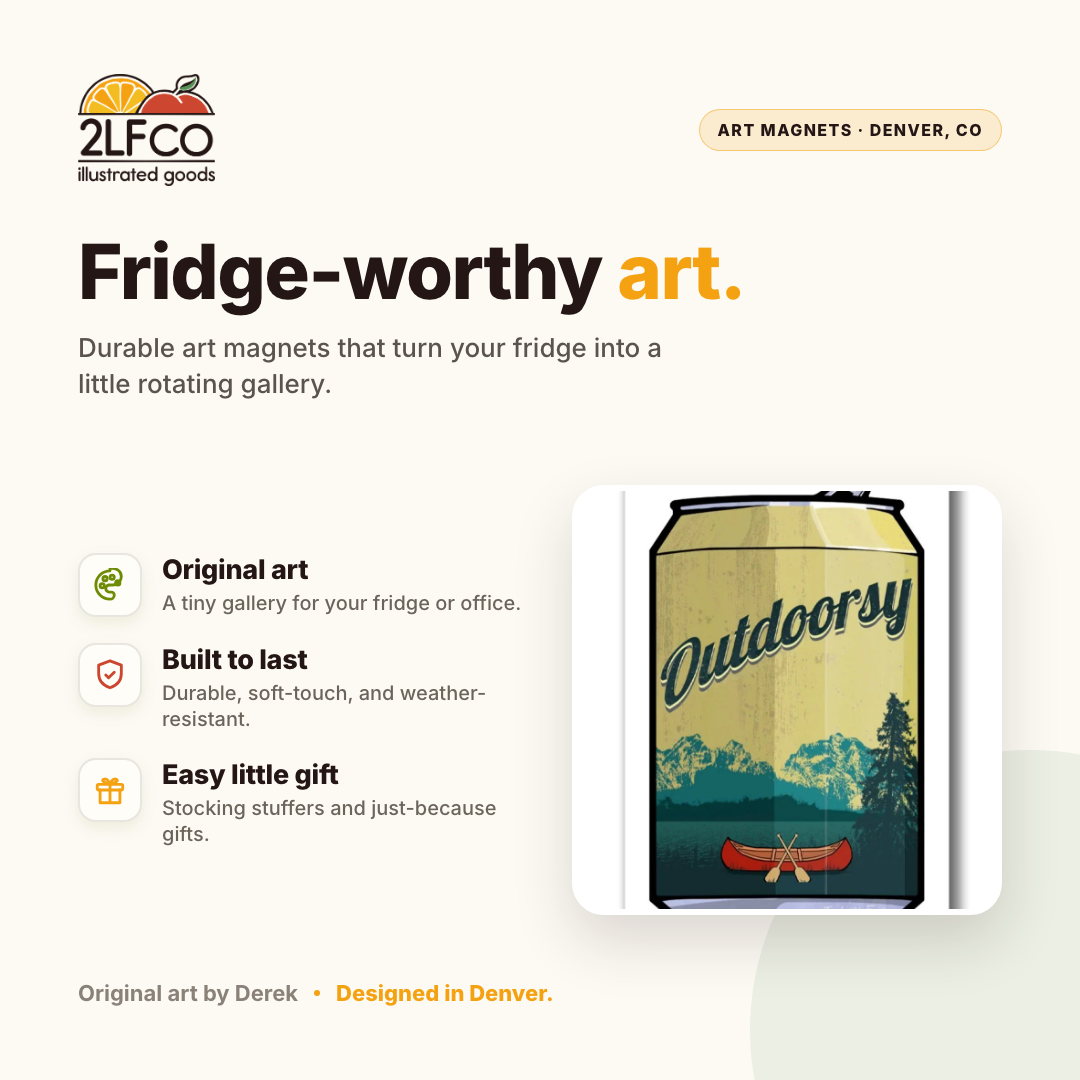 Outdoorsy Canoe Beer Can Fridge Magnet — illustrated by Two Little Fruits, made in Denver