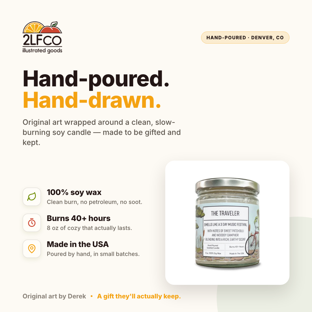 The Traveler Soy Candle — Patchouli & Woody Camphor — illustrated by Two Little Fruits, made in Denver