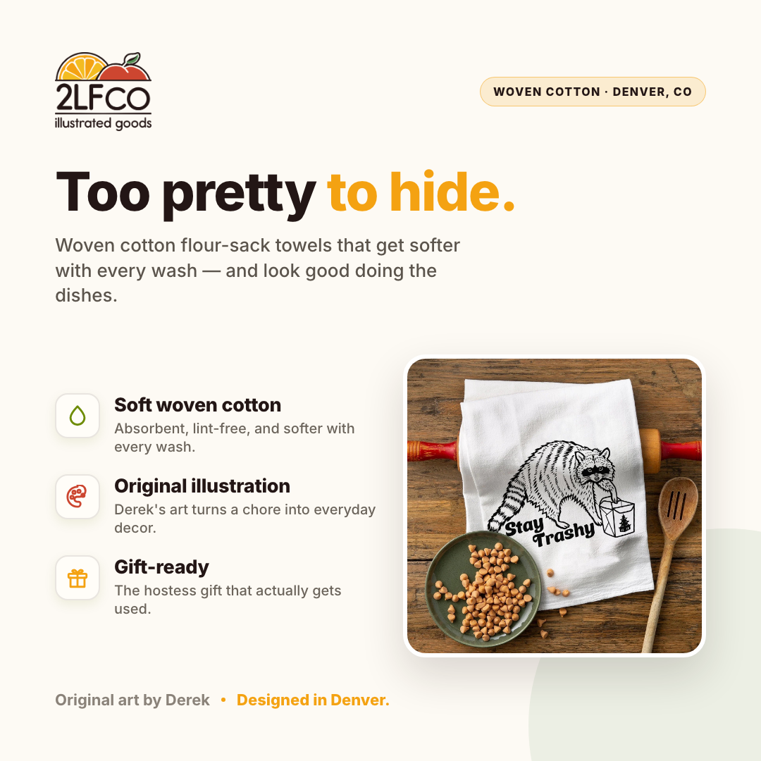 Raccoon Tea Towel — illustrated by Two Little Fruits, made in Denver
