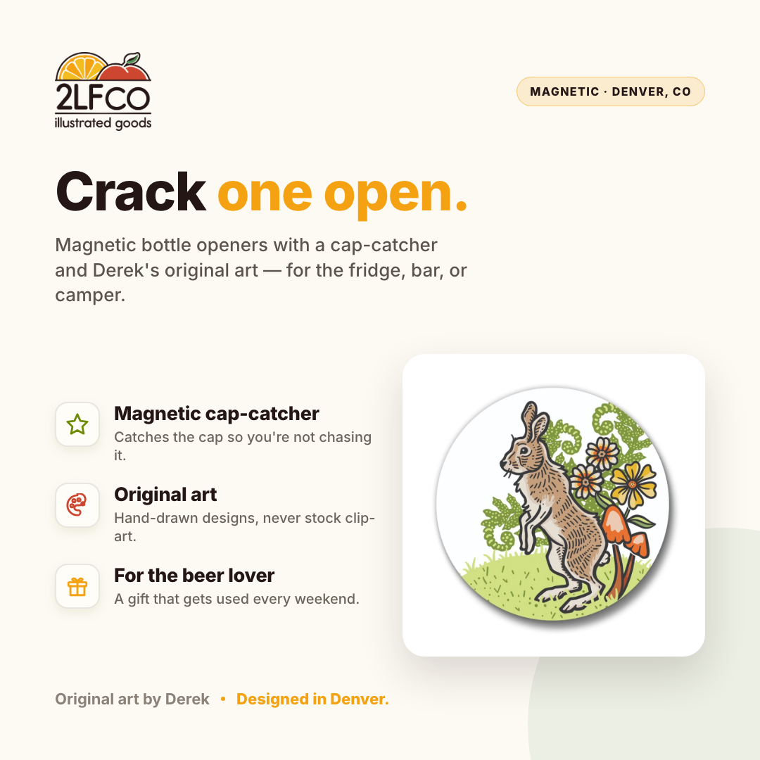 Rabbit Magnetic Bottle Opener — illustrated by Two Little Fruits, made in Denver