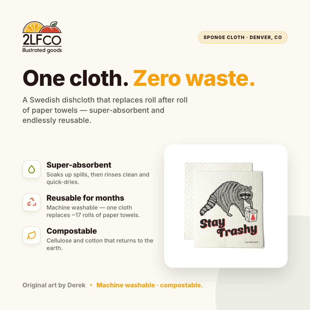 Raccoon Swedish Dishcloth — Eco-Friendly Reusable Cleaning Cloth — illustrated by Two Little Fruits, made in Denver