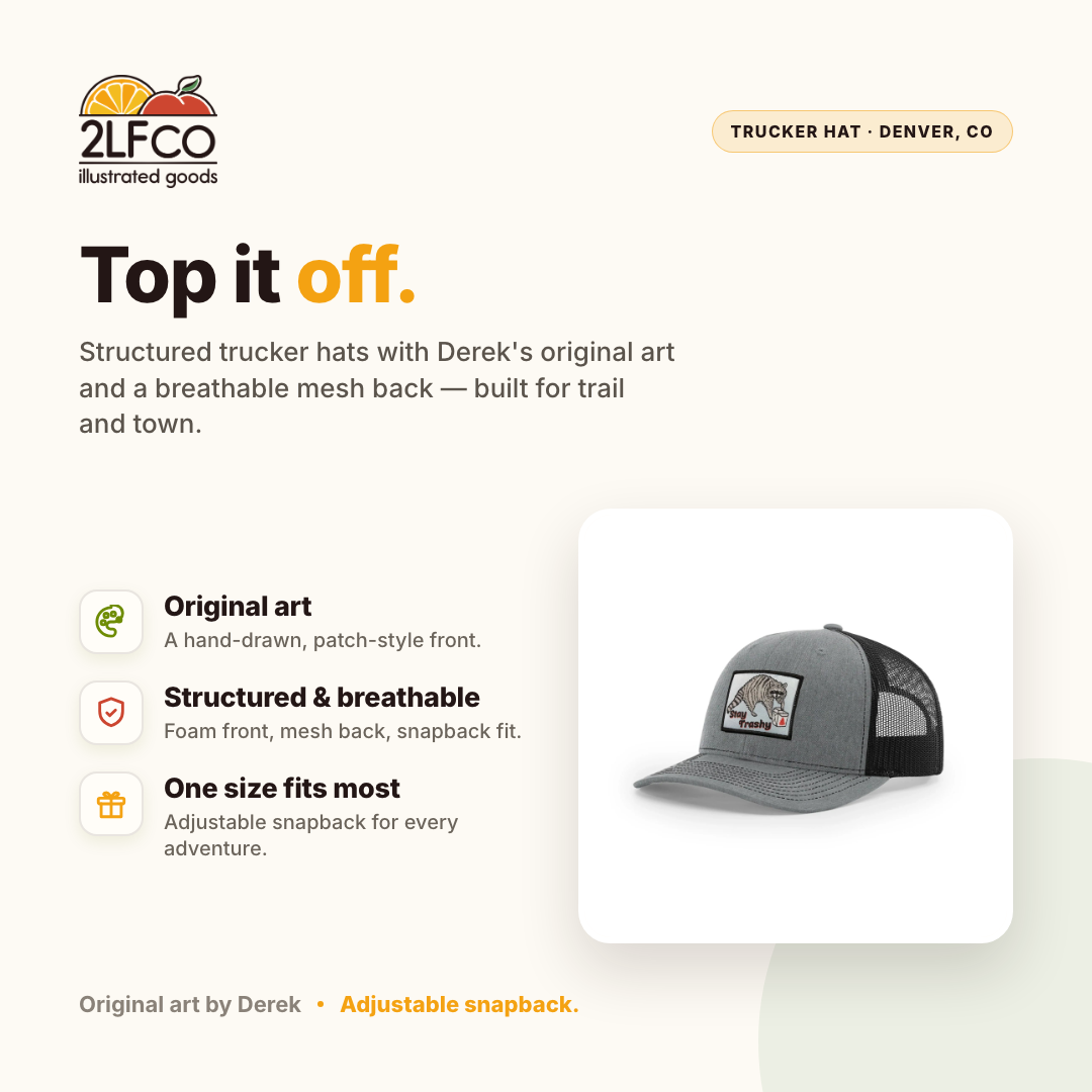 Raccoon Trucker Hat — Snapback with Woven Patch — illustrated by Two Little Fruits, made in Denver
