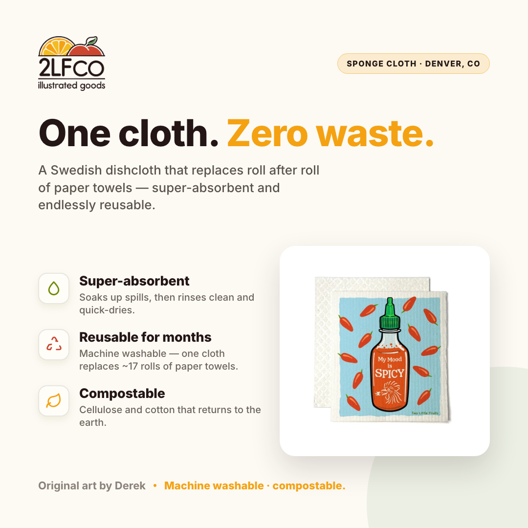 My Mood Is Spicy Red Sriracha Reusable Kitchen Cleaning Cloth – Eco... — illustrated by Two Little Fruits, made in Denver