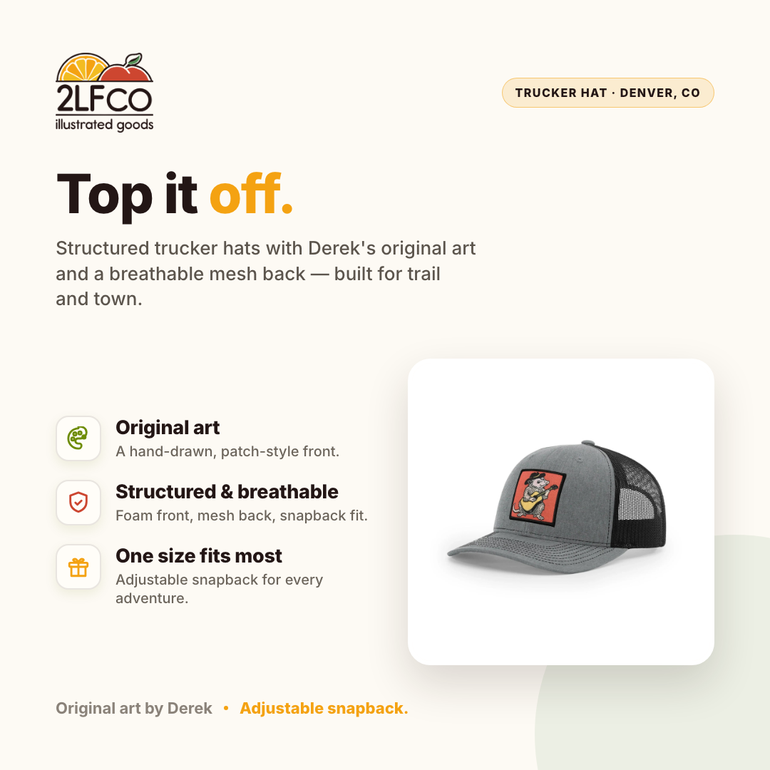 Opossum Trucker Hat — Snapback with Woven Patch — illustrated by Two Little Fruits, made in Denver