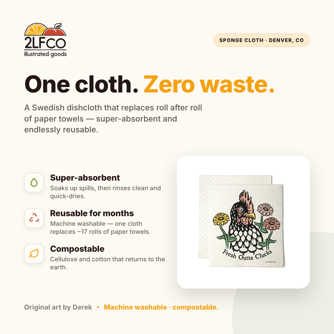 Chicken Swedish Dishcloth — Eco-Friendly Reusable Cleaning Cloth — illustrated by Two Little Fruits, made in Denver