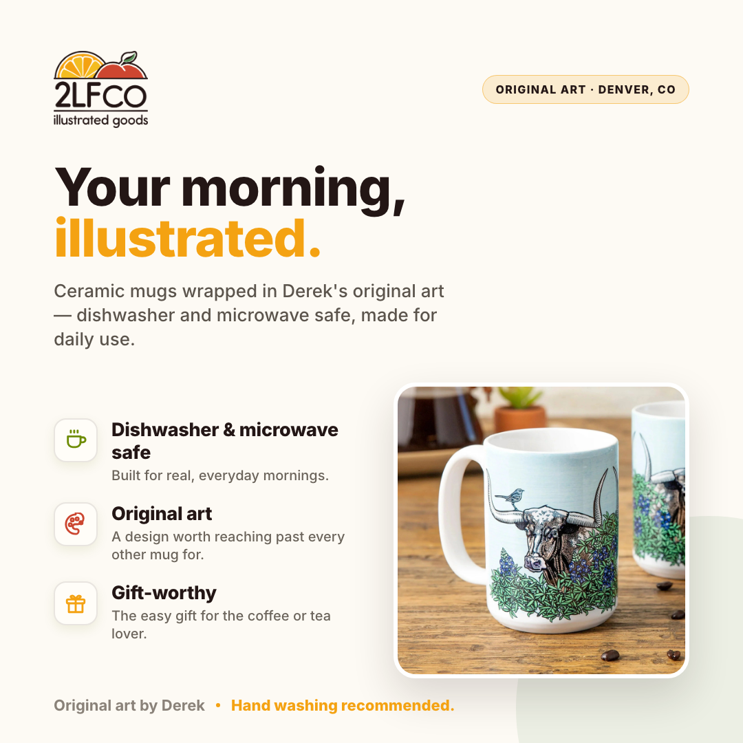 Texas Longhorn Mug — illustrated by Two Little Fruits, made in Denver
