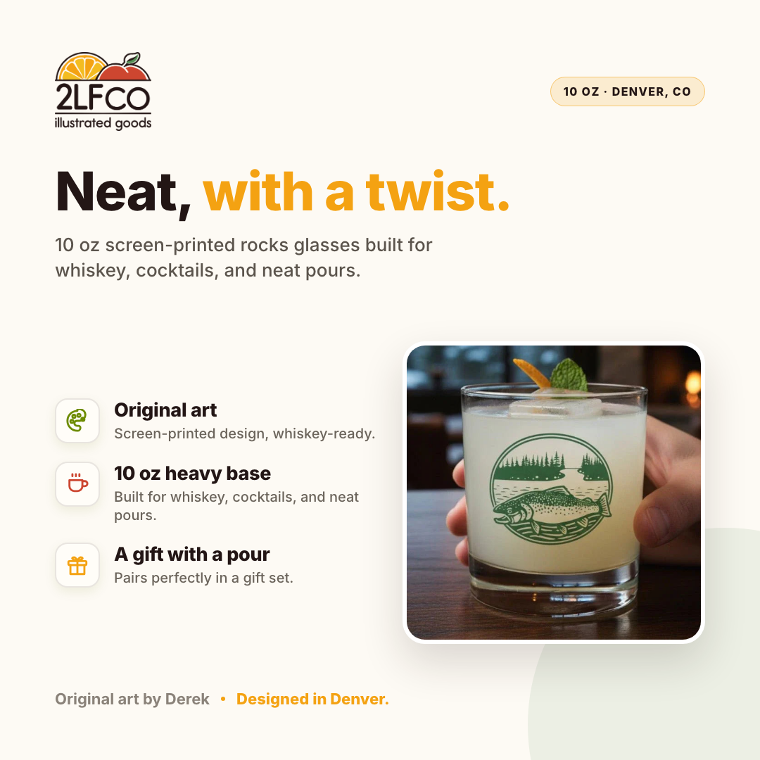 TROUT Rocks Glass — illustrated by Two Little Fruits, made in Denver